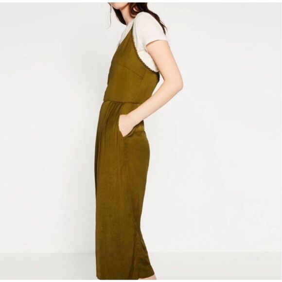Zara Basic Braided Sleeveless Cropped Wide Leg Jumpsuit Olive Green Size Small - Picture 3 of 11